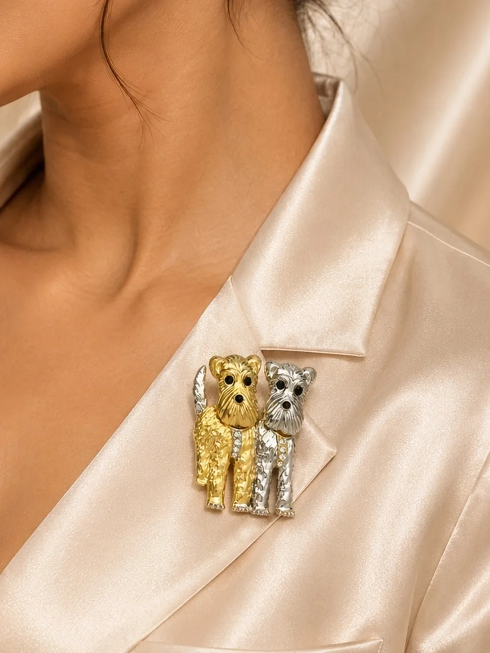 Cute Terrier Dog Gold & Silver Crystal Puppy Statement Brooch